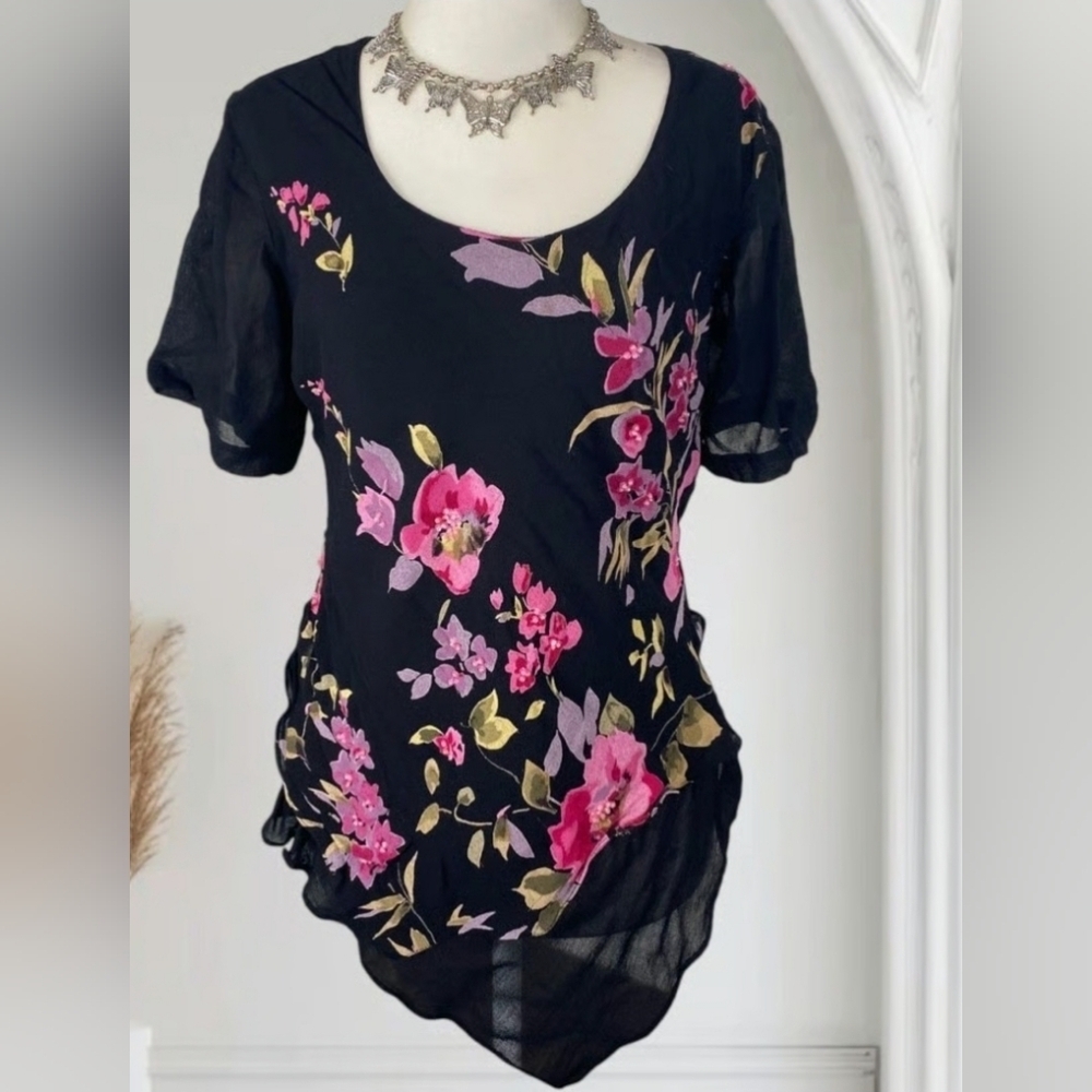 Lola P Vintage Y2K Black Pink Purple Floral Beaded Blouse Asymmetrical Large
